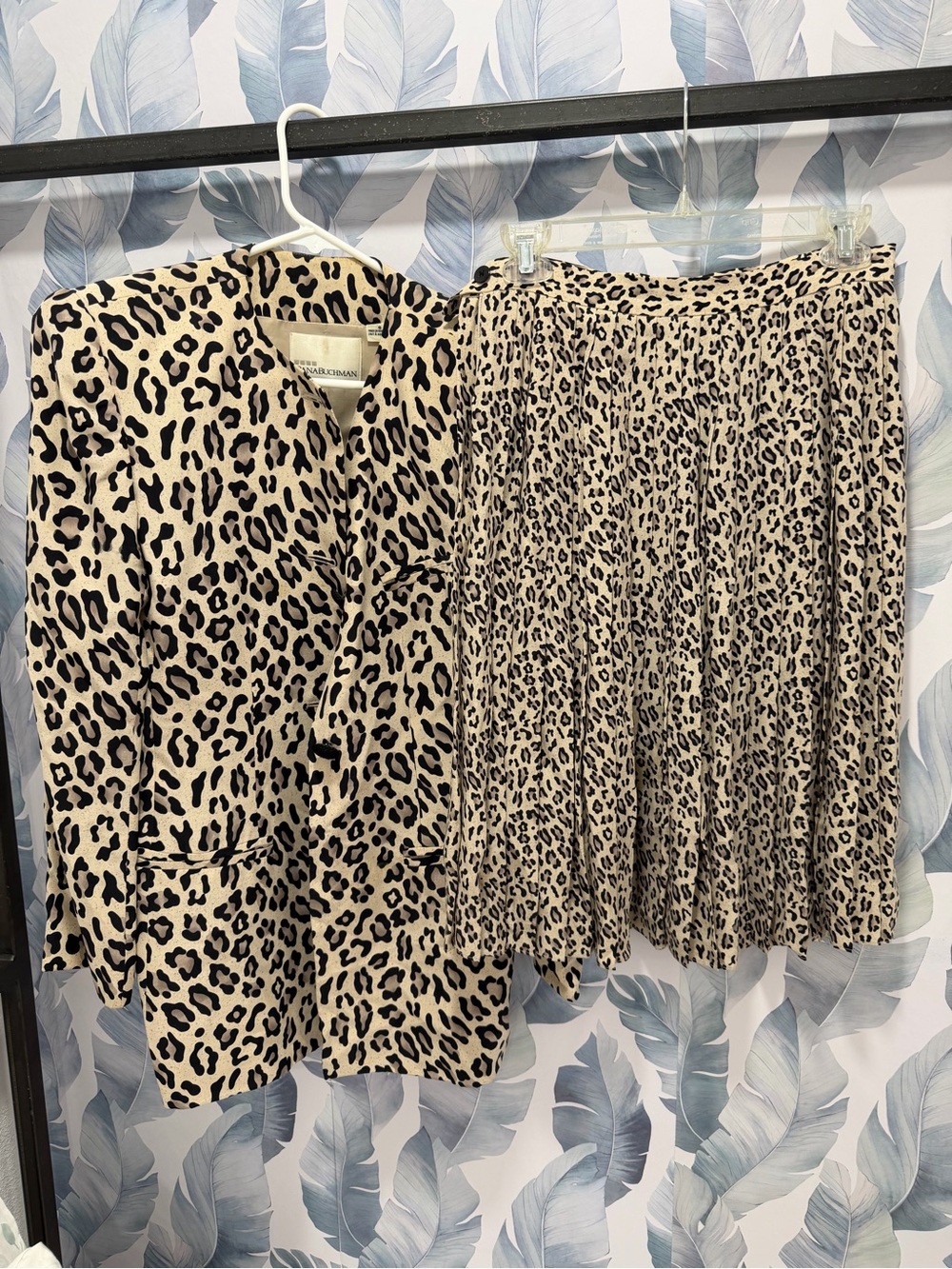 Leopard Print Suit Top With Leopard Pleated Skirt - Beige/Black/Brown